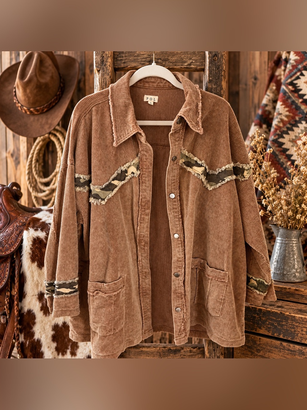 POL Brown Corduroy Utility Jacket with Camouflage Trim